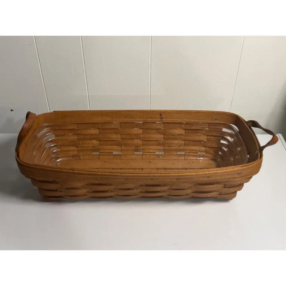 VTG Longaberger Basket Rectangle Brown Woven Leather Handles Plastic Liner 1991